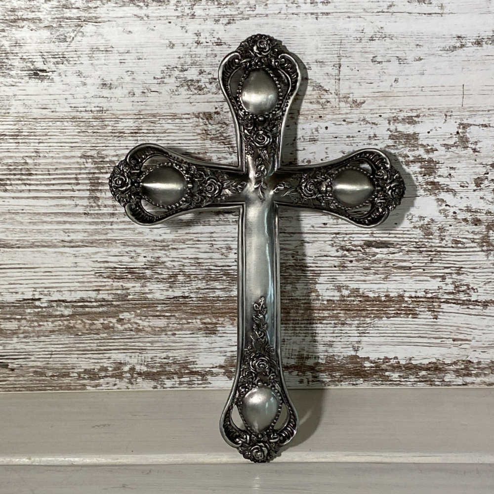 Vintage Cross Silver Pewter Floral Wall Rose Relief Religious Decor 8"